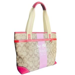 Coach Heritage 11349 Pink Stripe Tan Signature Canvas Tote